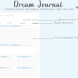 Modello di diario dei sogni, diario dei sogni stampabile, diario dei sogni in formato PDF, tracker dei sogni, diario dei sogni, diario dei sogni modificabile