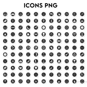 May include: A black and white image of 100 different icons in a grid pattern. Each icon is a white silhouette on a black circle. The icons represent a variety of objects, activities, and concepts.