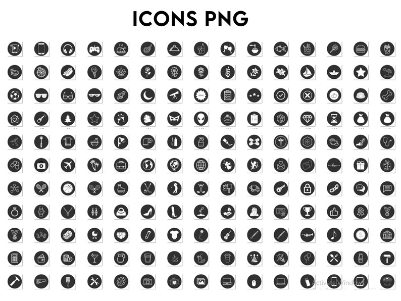 May include: A black and white image of 100 different icons in a grid pattern. Each icon is a white silhouette on a black circle. The icons represent a variety of objects, activities, and concepts.
