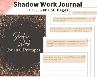Puede incluir: Un diario digital titulado "Shadow Work Journal" con indicaciones para la autorreflexión. La portada es oscura con un borde brillante y el texto "Shadow Work Journal Prompts". Páginas con preguntas como "¿Qué emociones intentas evitar?"