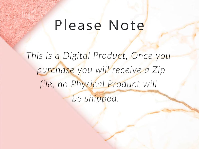 K&ouml;nnte beinhalten: Ein rosa-wei&szlig;er Marmorhintergrund mit dem Text "Please Note" in Schwarz. Der Text darunter lautet "This is a Digital Product, Once you purchase you will receive a Zip file, no Physical Product will be shipped."