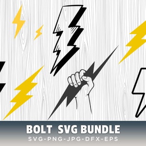 May include: A set of nine black and yellow lightning bolt illustrations. The illustrations are in various styles and sizes. The text "BOLT SVG BUNDLE" is at the bottom of the image. SVG-PNG-JPG-DFX-EPS.