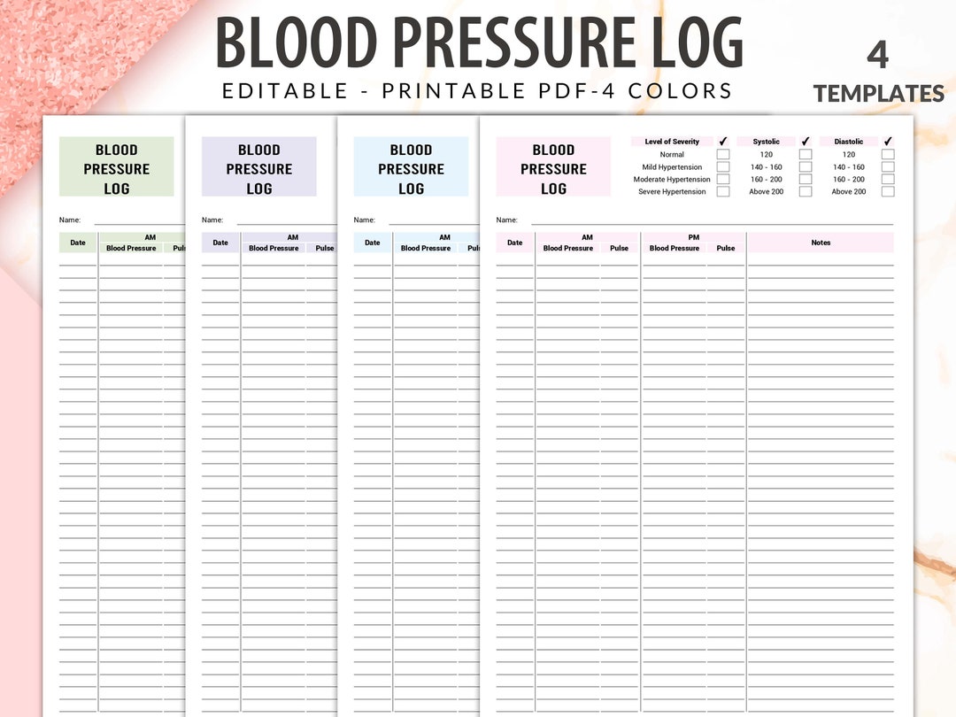 Blood pressure log editable printable monthly blood pressure tracker