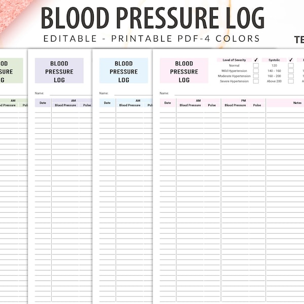 Blutdruck Log bearbeitbar druckbar, monatlicher Blutdruck Tracker, Blutdruck Log Buch druckbar, hoher Blutdruck Tracker