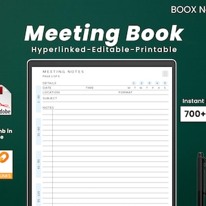 Op de afbeelding: Een digitale planner voor het maken van vergadernotities. De planner is ontworpen voor gebruik met een BOOX Note Air tablet. De planner heeft een witte achtergrond met zwarte tekst en lijnen. De planner heeft een sectie voor details, datum, locatie, onderwerp, tijd en notities. De planner heeft ook een sectie voor een vergaderformaat, met kolommen voor maandag, dinsdag, woensdag, donderdag, vrijdag, zaterdag en zondag. De planner is meer dan 700 pagina's lang en is direct te downloaden.