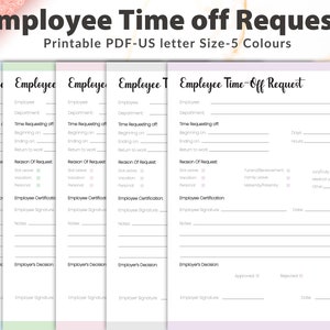 Puede incluir: Cinco formularios de solicitud de tiempo libre imprimibles en diferentes colores: azul claro, verde claro, rosa claro, gris claro y morado. Cada formulario tiene campos para el nombre del empleado, el departamento, la solicitud de tiempo libre, la razón de la solicitud, la certificación del empleado, la firma del empleado, las notas, la decisión del empleador, la firma del empleador, aprobado, rechazado y la fecha.