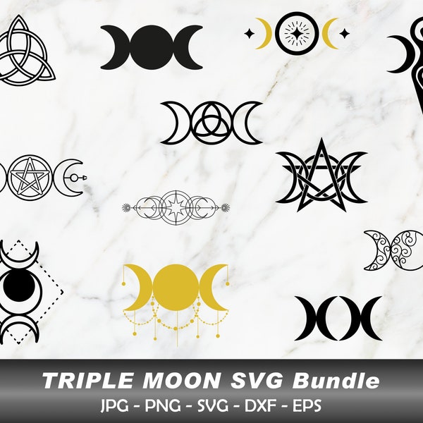 Triple Moon Enchantment, Mystical Triple Goddess Symbol, Triple Moon Pentagram SVG, Triple Moon Goddess Png, Triple Moon Goddess Svg