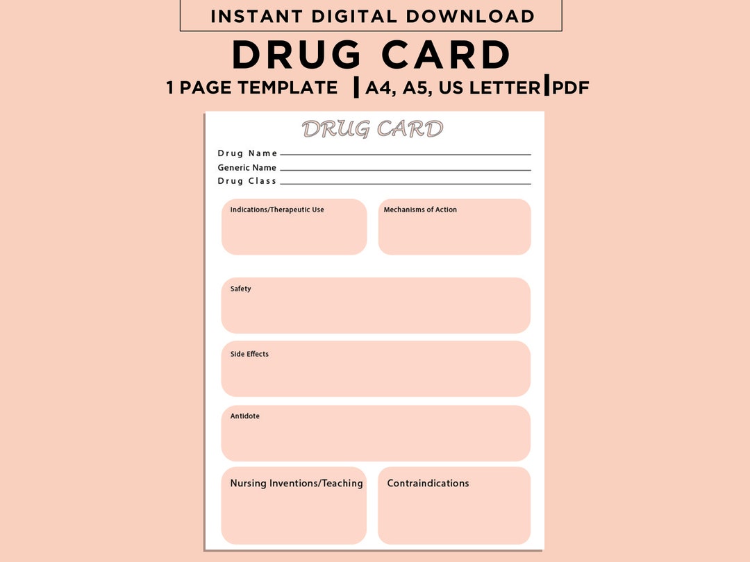Drug Card Template Pharmacology Concept Map for Nurses A4 A5 US