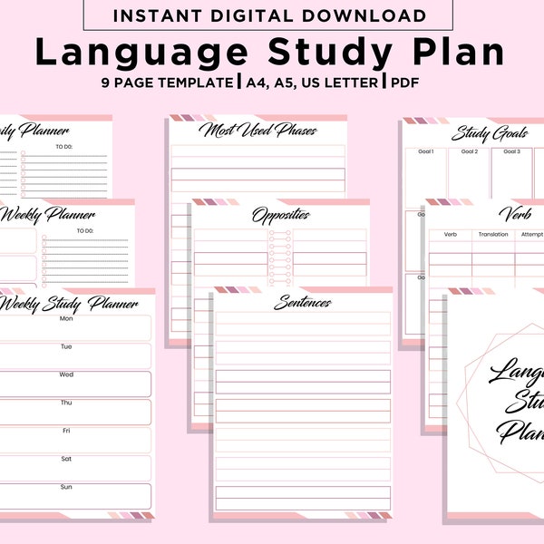 Afdrukbare taalstudieplanner, taalstudiedagboek, taalleerder afdrukbaar, taalleerplanner notebook studiedagboek