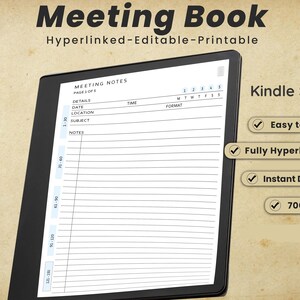 Könnte beinhalten: Ein digitales Tablet zeigt eine Vorlage für Notizen zu Besprechungen mit einem Kalender, Datum, Uhrzeit, Ort, Thema und Notizbereichen. Das Tablet befindet sich auf einem braunen Hintergrund mit dem Text "Meeting Book Hyperlinked-Editable-Printable" darüber. Der Text "Kindle Scribe tablets" befindet sich auf der rechten Seite des Bildes mit Häkchen und dem Text "Einfach zu bedienen", "Vollständig hyperverlinktes PDF", "Sofortiger Download" und "700 Seiten".