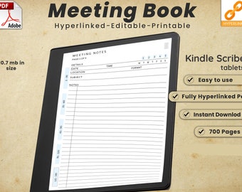 Libro de reuniones de Kindle Scribe, planificador de Kindle Scribe, plantillas de Kindle Scribe, libro de reuniones, notas de reuniones, PDF con hipervínculos, planificador de reuniones