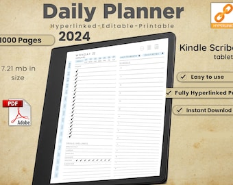 May include: A digital daily planner for 2024, displayed on a Kindle Scribe tablet. The planner has a black and white design with a calendar, tasks, schedule, and meals/wellness sections. The text "Daily Planner" is at the top of the image, and the text "Hyperlinked-Editable-Printable" is below it. The text "2024" is in a larger font size. The text "Kindle Scribe tablets" is in the bottom right corner of the image. The text "Easy to use", "Fully Hyperlinked Pdf", and "Instant Download" are in checkboxes below the text "Kindle Scribe tablets".