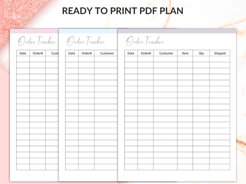 May include: Three printable order tracker sheets with headings for date, order number, customer, item, quantity, and shipped. The sheets are in pink, blue, and purple.