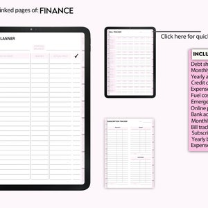 May include: A digital planner with a black cover and a white interior. The planner is open to a page titled "Budget Planner" with columns for date, item, budget, and actual price. The planner also includes a checklist and a tab labeled "Finance".