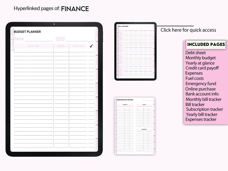 May include: A digital planner with a black cover and a white interior. The planner is open to a page titled "Budget Planner" with columns for date, item, budget, and actual price. The planner also includes a checklist and a tab labeled "Finance".
