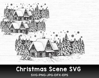 May include: A black and white illustration of a snowy winter scene with two small houses and pine trees. The houses have snow-covered roofs and chimneys with smoke coming out of them. The trees are covered in snow and there are snowflakes falling from the sky.