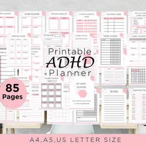 May include: Printable ADHD planner with 85 pages in pink and black. The planner includes sections for daily and weekly chores, cleaning checklists, to-do lists, yearly goals, and more.