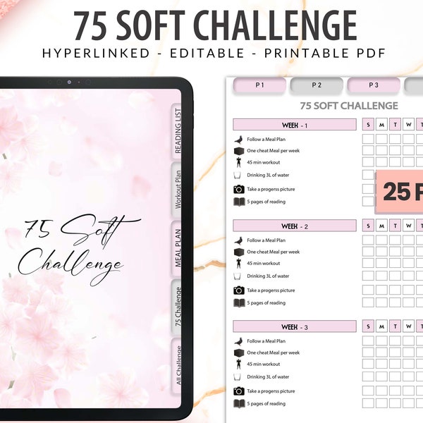 Editable 75 SOFT Challenge, Printable 75 SOFT Challenge, 75soft Editable, 75 Soft, Easier 75, Easy , Meal Planner, Reading list, Digital