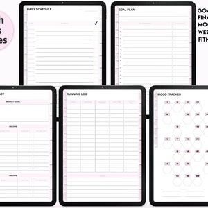 May include: Five black and white digital planner pages with headings: Daily Schedule, Goal Plan, Monthly Budget, Running Log, and Mood Tracker. The pages are designed for goal setting, budgeting, fitness tracking, and mood tracking.