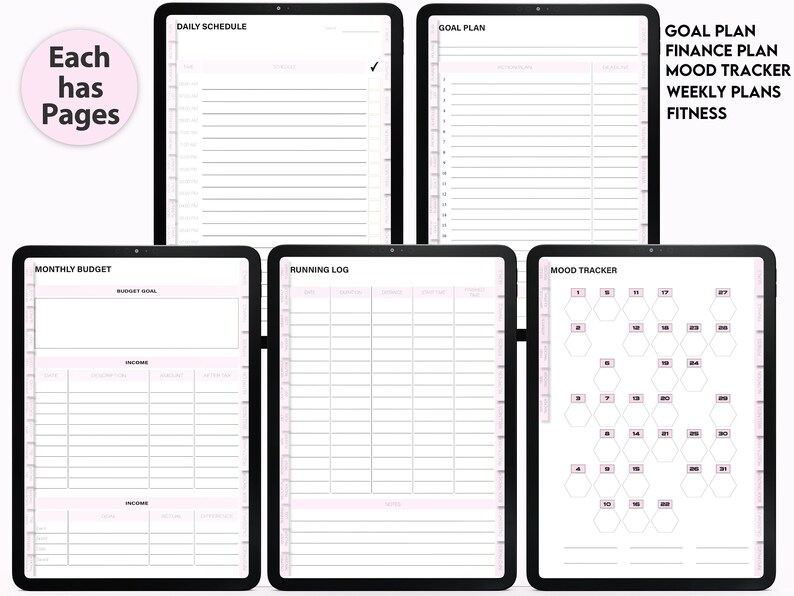 May include: Five black and white digital planner pages with headings: Daily Schedule, Goal Plan, Monthly Budget, Running Log, and Mood Tracker. The pages are designed for goal setting, budgeting, fitness tracking, and mood tracking.