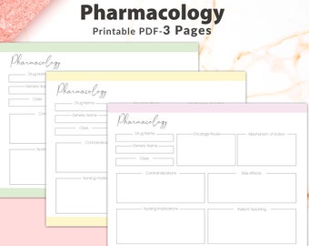 May include: Three printable pages for studying pharmacology. Each page has a different color background and includes sections for drug name, generic name, class, dosage route, mechanism of action, contraindications, side effects, nursing implications, and patient teaching.