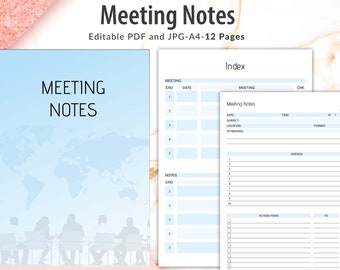 May include: A printable meeting notes template with a blue and white color scheme. The template includes sections for the meeting date, subject, location, attendees, agenda, action items, and notes. The template is designed for use in a business or professional setting.