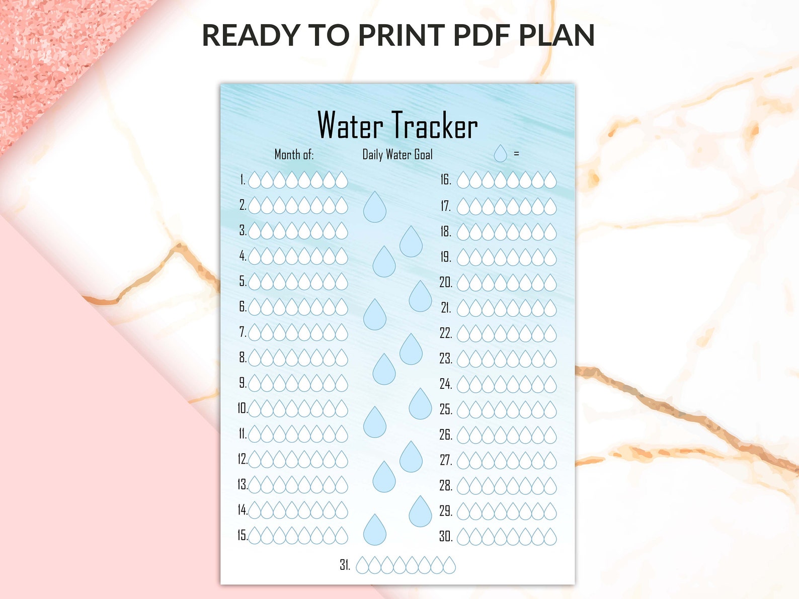 Water Tracking Paper Monthly Water Intake Tracker, 30 Day Water Challenge Printable, Water ...