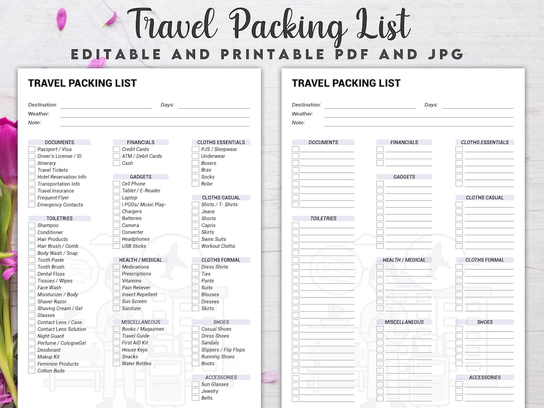 Editable Travel Packing List, Travel Packing List Printable, Packing ...