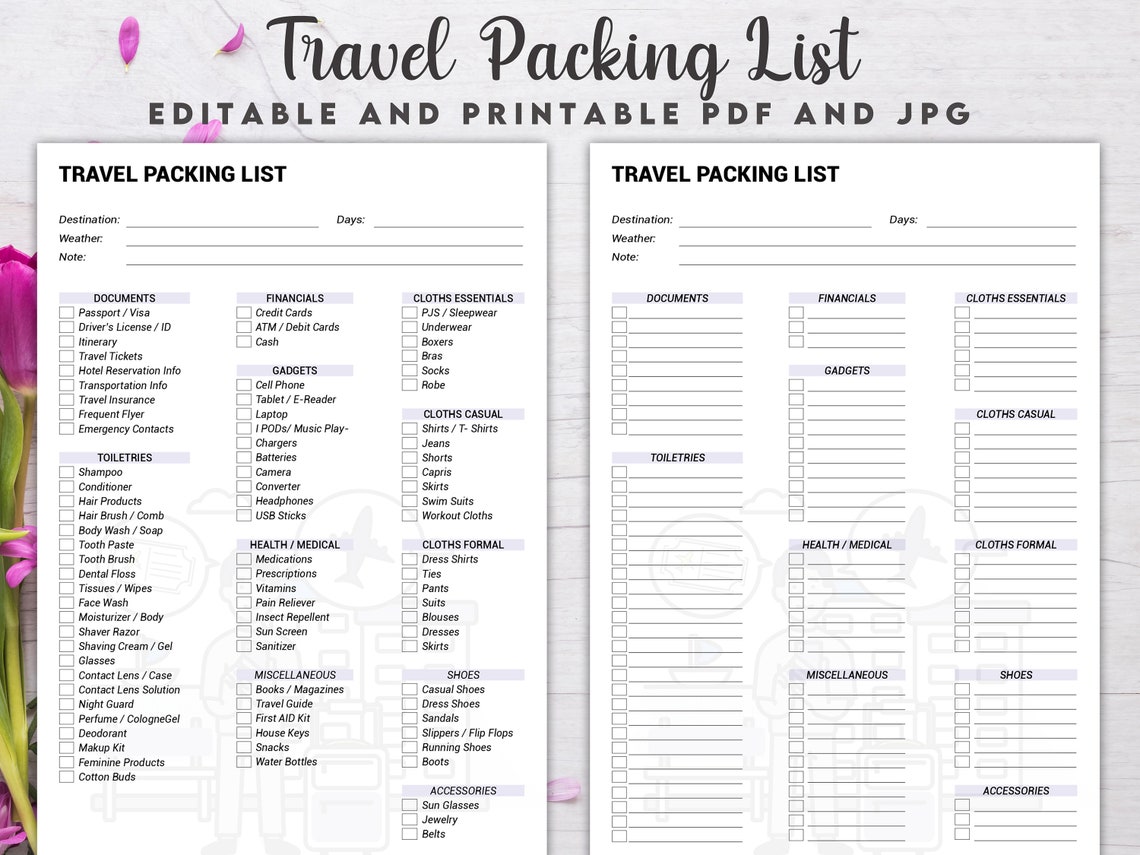 Editable Travel Packing List, Travel Packing List Printable, Packing ...