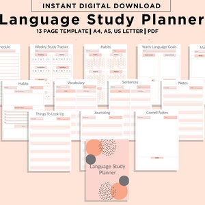 Può includere: Un planner di studio linguistico stampabile di 13 pagine. Il planner include sezioni per l'orario giornaliero, il tracker di studio settimanale, le abitudini, gli obiettivi linguistici annuali, gli obiettivi mensili, il vocabolario, le frasi, gli appunti, le cose da cercare, il diario e gli appunti di Cornell. La pagina di copertina presenta uno sfondo rosa con due cerchi color pesca con pois neri e un cerchio grigio.