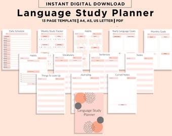 Språkinlärningsplanerare anteckningsbok studiejournal, utskrivbar språkstudieplanerare, språkstudiejournal, utskrivbar språkinlärning