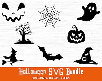 Puede incluir: Un conjunto de diez archivos de corte SVG de Halloween en blanco y negro. Los diseños incluyen un fantasma, una telaraña, una calabaza de Halloween, una bruja, un murciélago, un árbol con lápidas y un sombrero de bruja.
