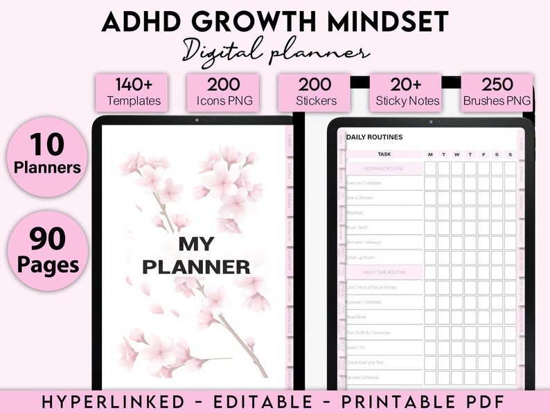 May include: A digital planner for people with ADHD, featuring a pink and white floral design. The planner includes 10 planners, 90 pages, 140+ templates, 200 icons, 200 stickers, 20+ sticky notes, and 250 brushes. The planner is hyperlinked, editable, and printable.