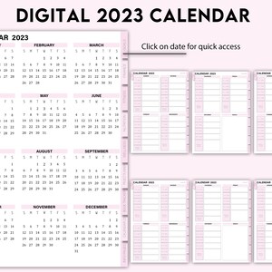 May include: A printable digital calendar for the year 2023. The calendar is divided into 12 months, with each month displayed in a separate box. The calendar is designed in a pink and white color scheme. The text "Click on date for quick access" is displayed at the top of the calendar.