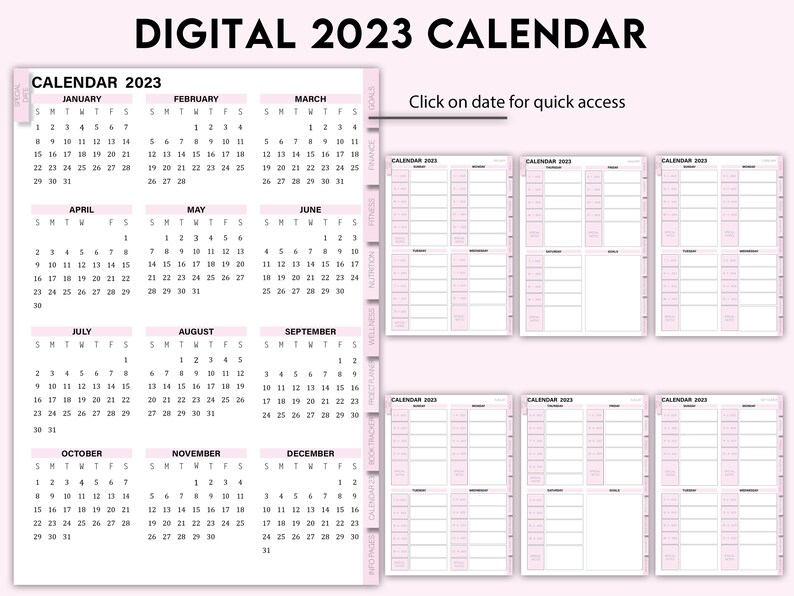 May include: A printable digital calendar for the year 2023. The calendar is divided into 12 months, with each month displayed in a separate box. The calendar is designed in a pink and white color scheme. The text "Click on date for quick access" is displayed at the top of the calendar.