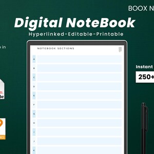 May include: A digital notebook with the text "Digital Notebook" and "Hyperlinked-Editable-Printable" on a green background. The notebook is a PDF file with 250+ pages and is 5.65 MB in size. The notebook is compatible with BOOX Note Air tablets.
