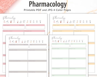 May include: Four printable pharmacology study sheets with different colored backgrounds. Each sheet has a section for generic name, trade name, class, mechanism of action, therapeutic uses, adverse reactions/side effects, contraindications, nursing considerations, patient teaching, and notes.