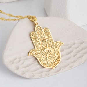 Collar Hamsa de plata Collar de mano de Fátima Collar de pretección Símbolo de yoga Plata de ley 925 Chapado en oro de 14K Regalo del día de la madre