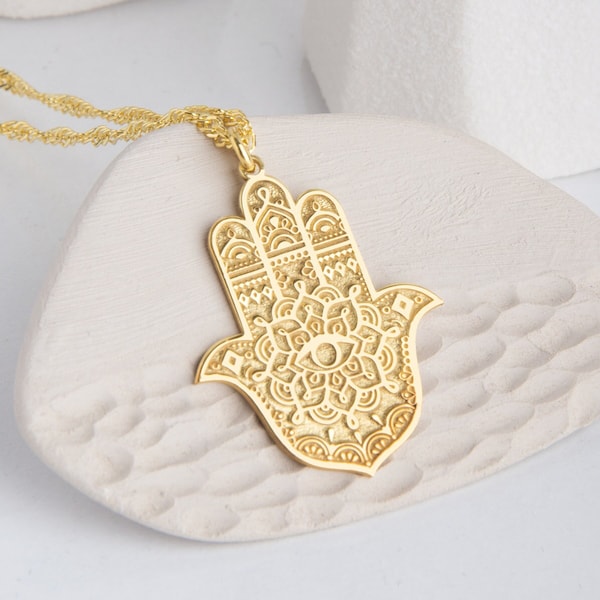 Silver Hamsa Necklace Hand of Fatima Necklace Pretection Necklace Yoga Symbol 925 Sterling Silver 14K Gold Plated Mother day gift