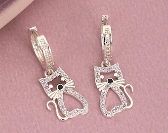 Sterling Silver Cat Dangle Earrings: Cat Lover Jewelry Valentine’s Day Gift