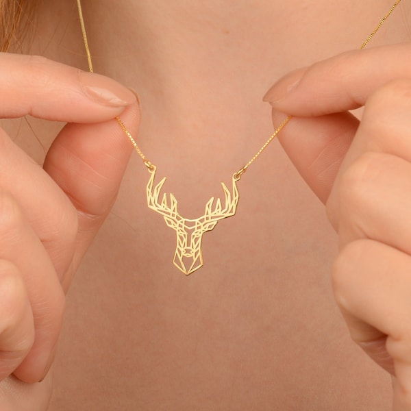 Origami Deer Necklace Geometric Handmade Deer Jewelry 925 Sterling Necklace 14K Gold Plated Christmas Gift Mother's day gift Animal Necklace