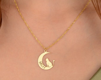 Peronalized Cat Moon Necklace Custom Pet Necklace Cat Lover Jewelry Silver Christmas Necklace 14K Gold Plated Mother day gift Birthday Gift