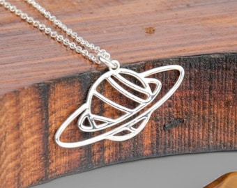 925 Silver Saturn Planet Necklace: Minimalist Celestial Jewelry, Space Gift