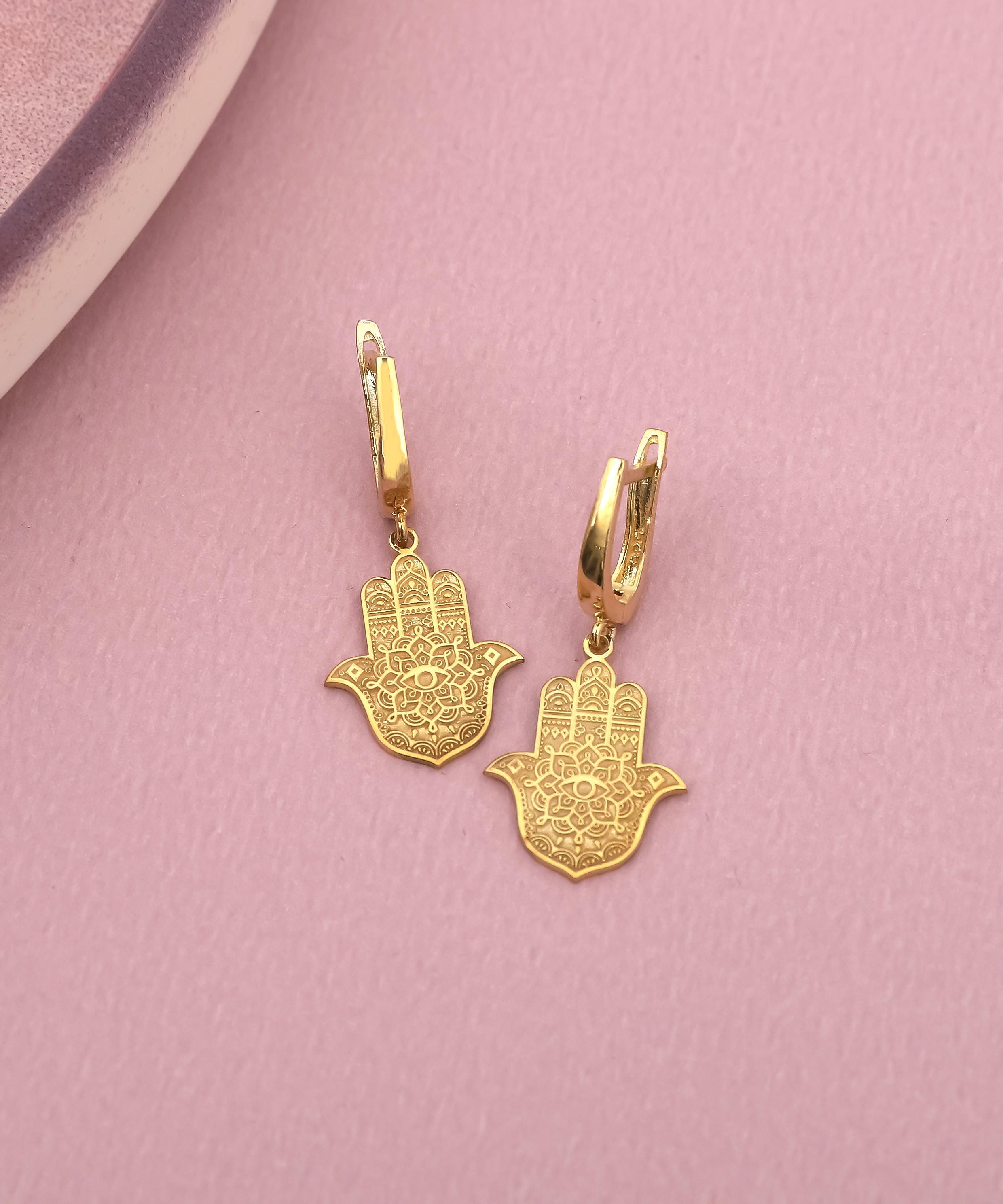 thumbnail image 2 of 14K Solid Gold Hamsa Hand Stud Earrings | Lab-Created Blue Zircon | Nickel-Free 2 of 4