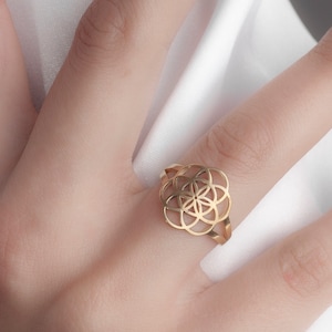 Silver Flower of Life Ring Spiritual Necklace 6 Leaf Lotus Ring Yoga Symbol Mother day gift christmas gift Birthday Gift Minimalist Jewelry image 3