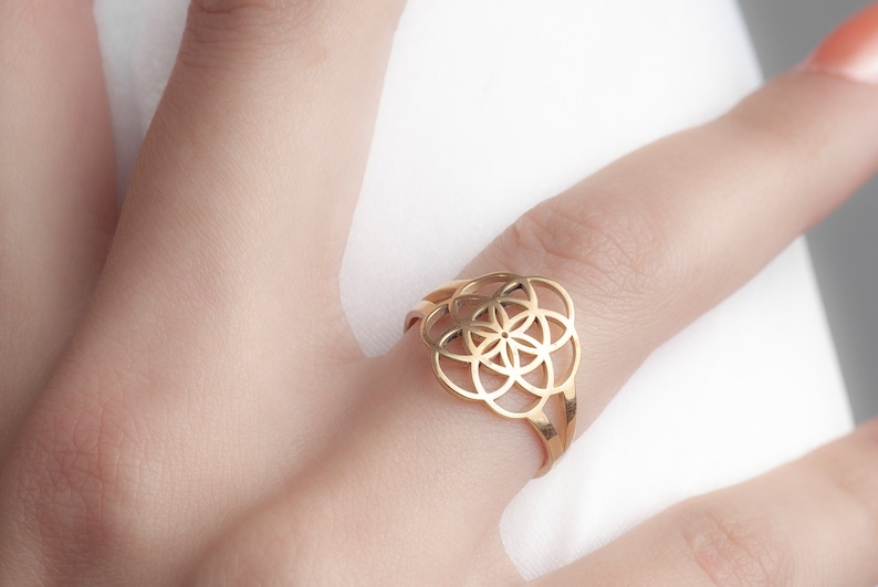 Silver Flower of Life Ring Spiritual Necklace 6 Leaf Lotus Ring Yoga Symbol Mother day gift christmas gift Birthday Gift Minimalist Jewelry image 2