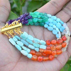 5 Strand Shaded Multi Rainbow Beaded Bracelet – Nuugets Gemstone Bracelet, Mix Disco Beads, Handmade Layered Bracelet with Gold Plated Clasp