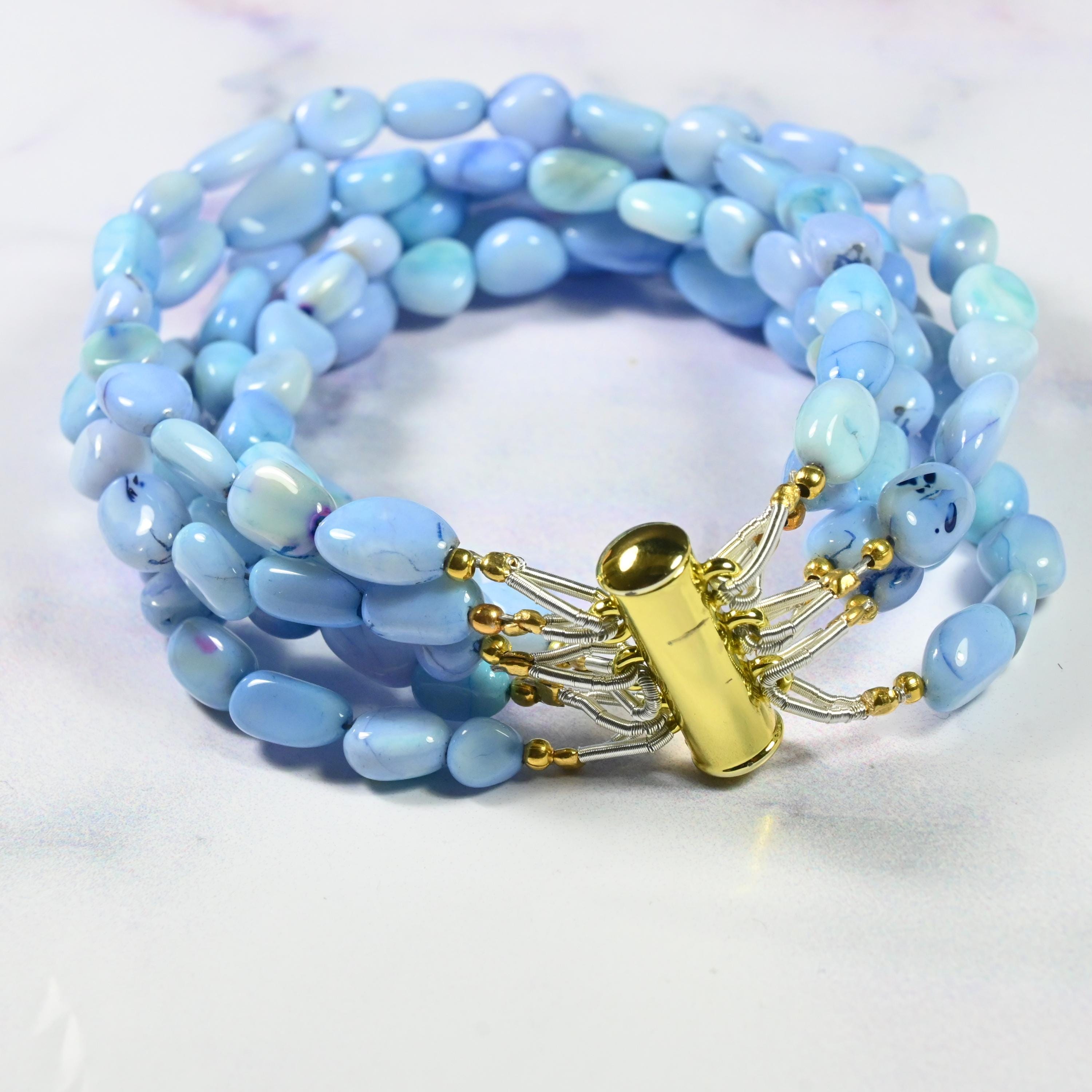 ハンドメイドブルーオパールビーズブレスレット：多層構造の宝石 
