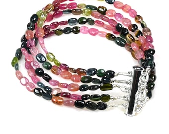 5 Multi Strand Natural Watermelon Tourmaline Bracelet – AAA+ Quality Tourmaline Oval Shape Gemstone Beaded Bracelet – Handmade Women Jewelry