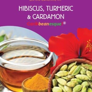 May include: A close-up of a glass cup filled with a dark red liquid, a small bowl of yellow turmeric powder, and a bowl of green cardamom pods. The text "Hibiscus, Turmeric & Cardamon Caribbeanesque®" is visible on the purple background.